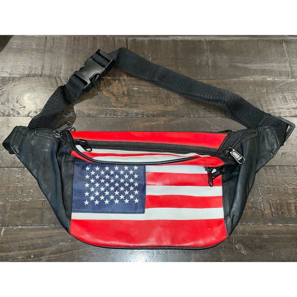 American Flag Fanny Pack Adjustable Belt Faux Leather 5‎ Zip Pockets Patriotic